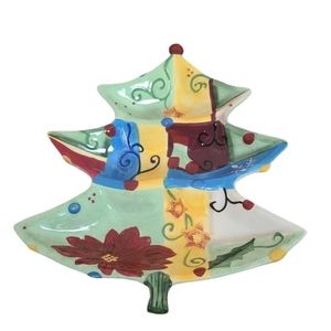 CORSICA Holiday Quilt Christmas Tree Shaped Divided Serving Tray Platter